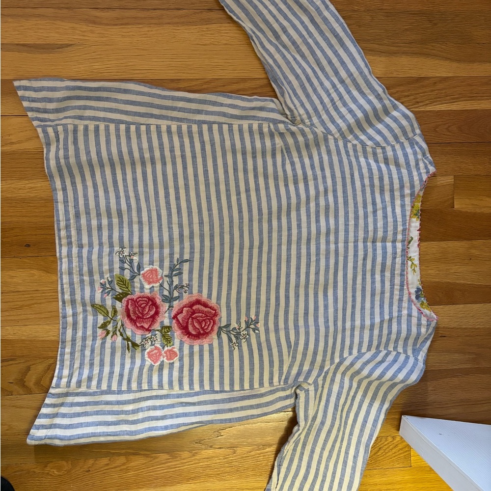 Striped Blue and White  Shirt with Floral Embroidery
